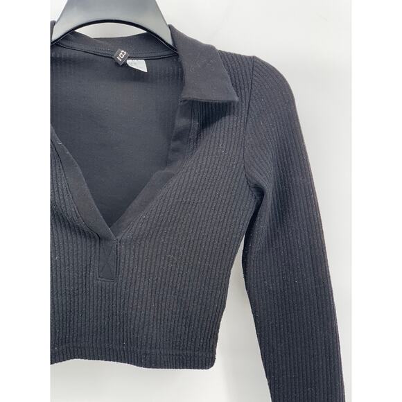 DIVIDED By H&M Women's Black Ribbed Split-Neck Long Sleeve Cropped Polo Top SZXS - Picture 4 of 11